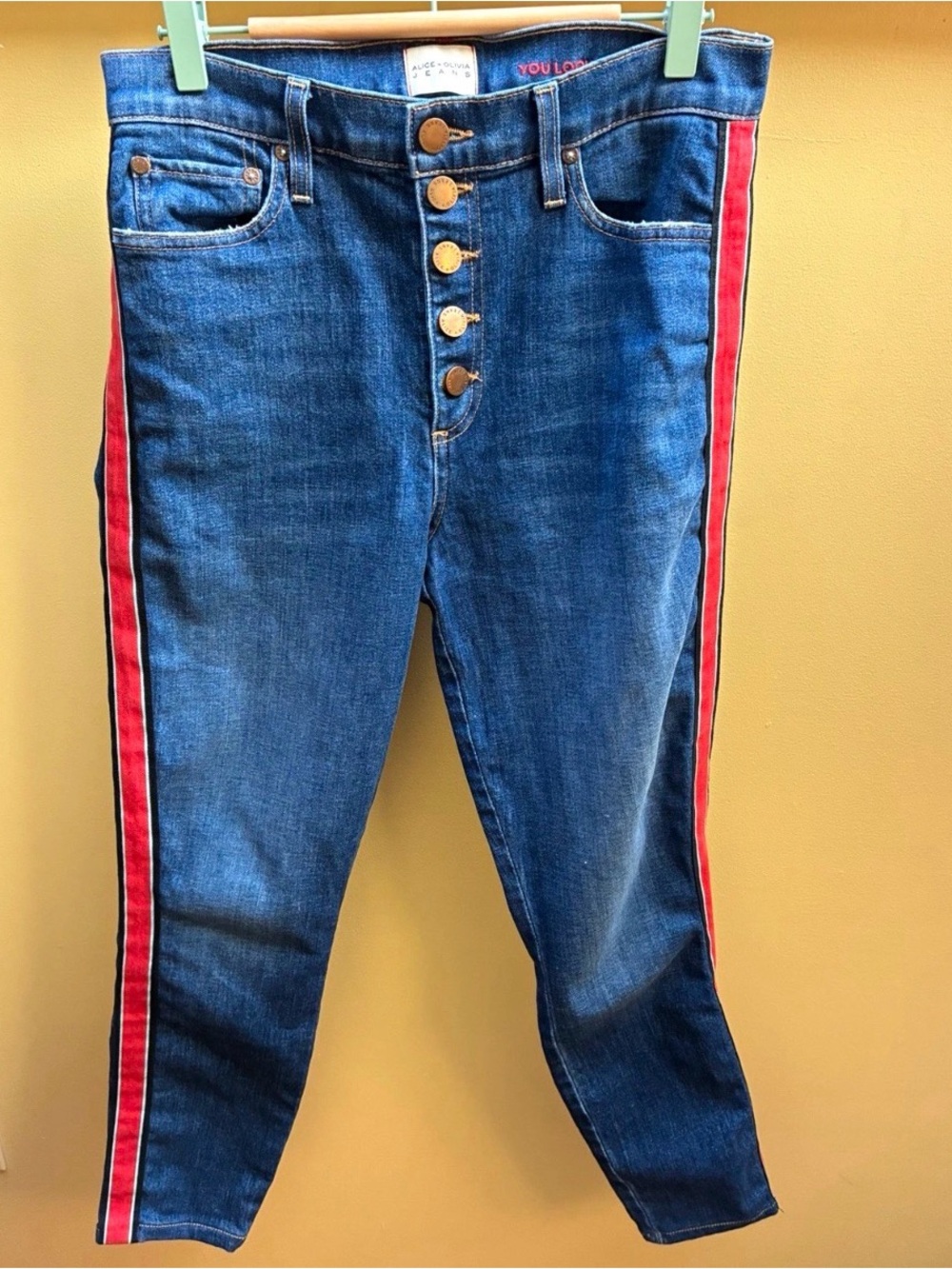 Alice + Olivia High-Rise Jeans with Red Side Stripes